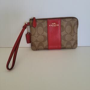 Coach Corner Small Bag Wristlet Purse Red Brown Clutch Card wallet Pouch